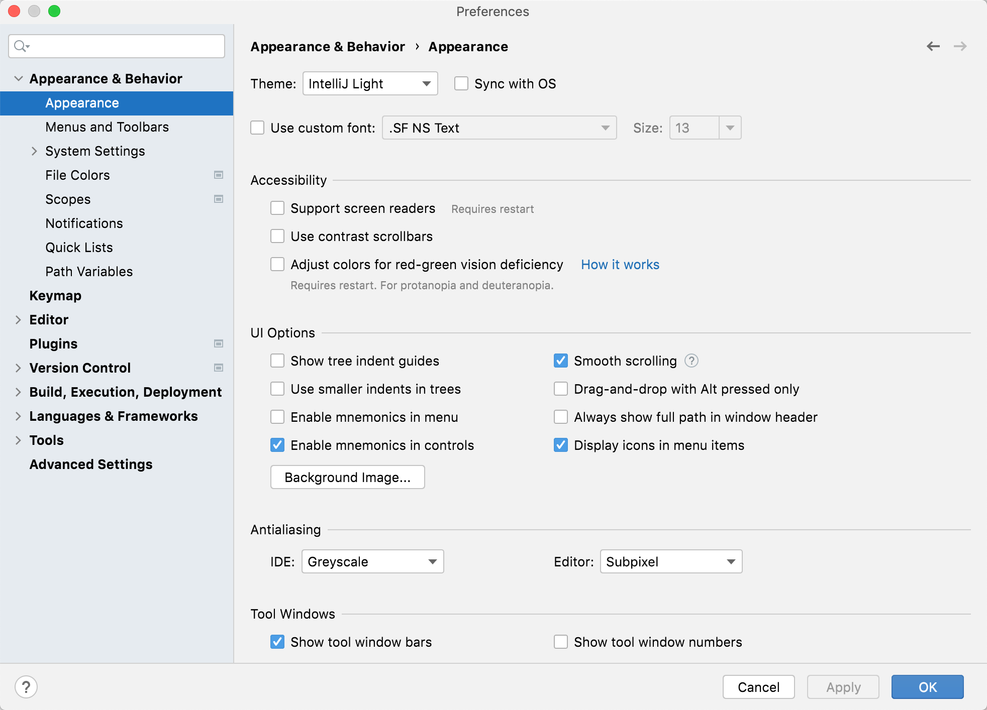 The Appearance settings page