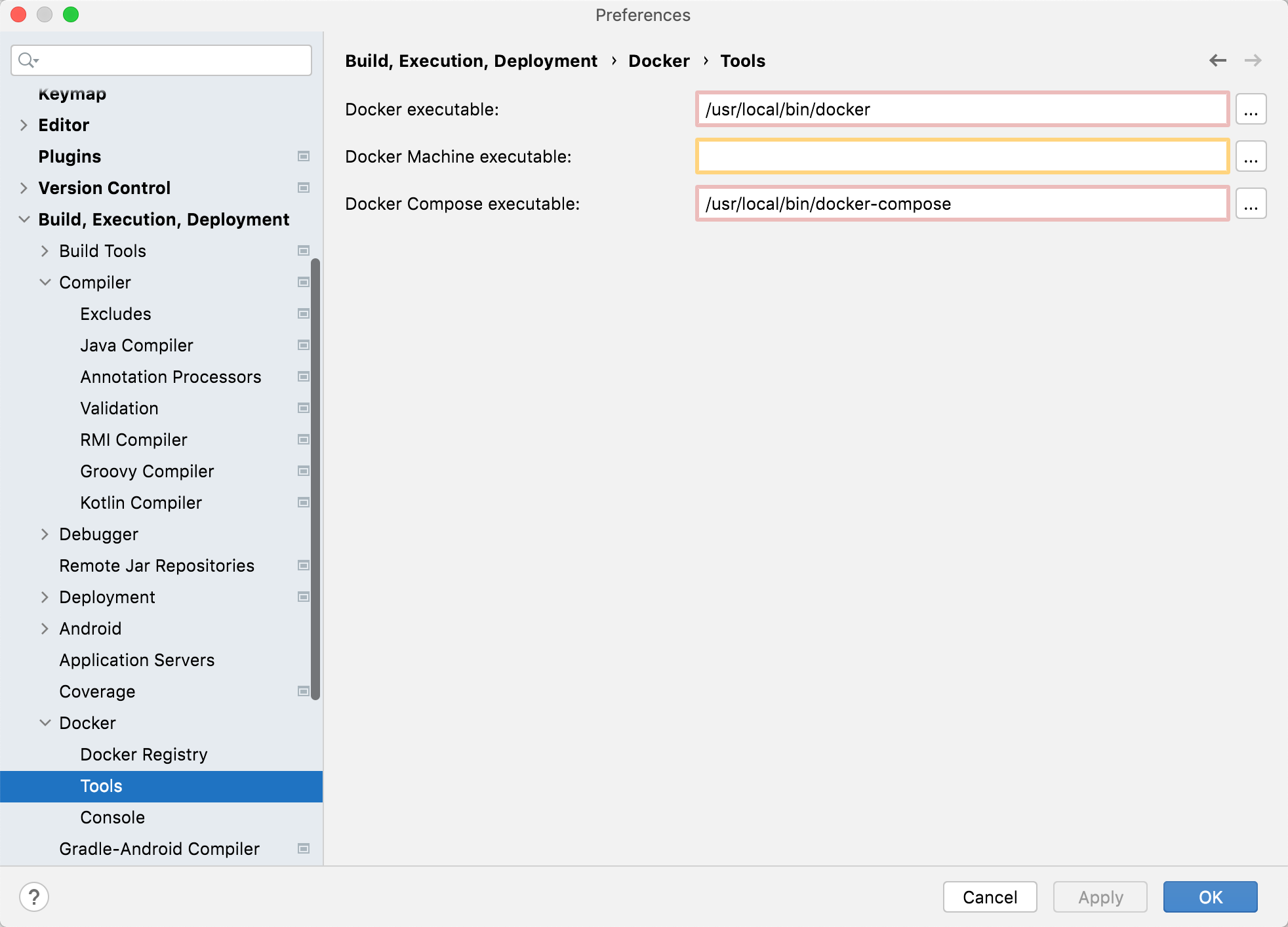 The Docker Tools settings page