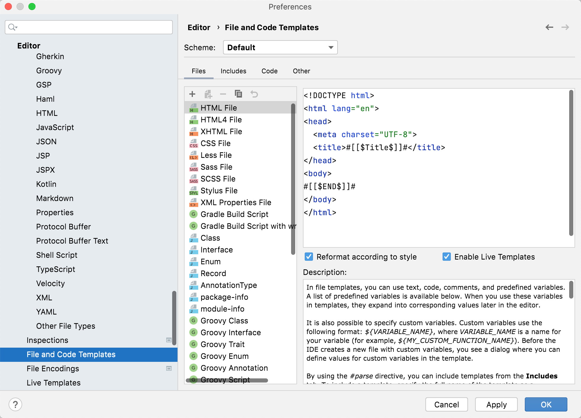 The File and Codes Templates page